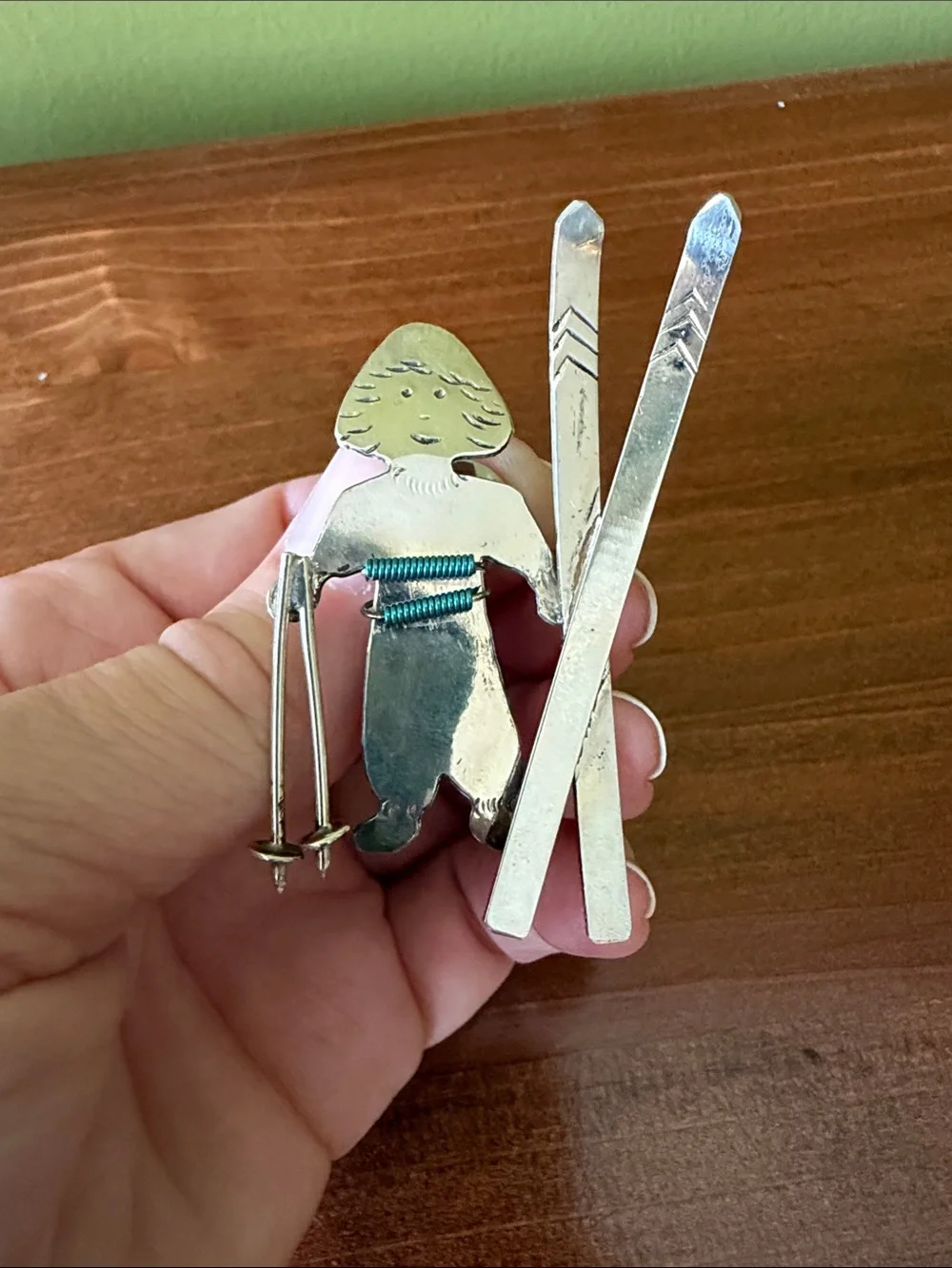 Silver Tone Skier Brooch with Turquoise Accent